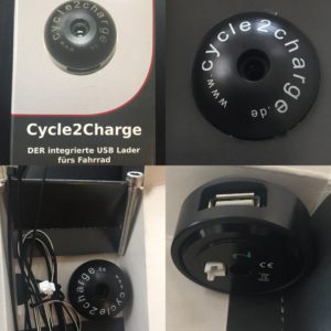 Cycle2Charge dynamo to USB stem cap: box; top view; top view, zip ties, and cable in the box; side/bottom view.