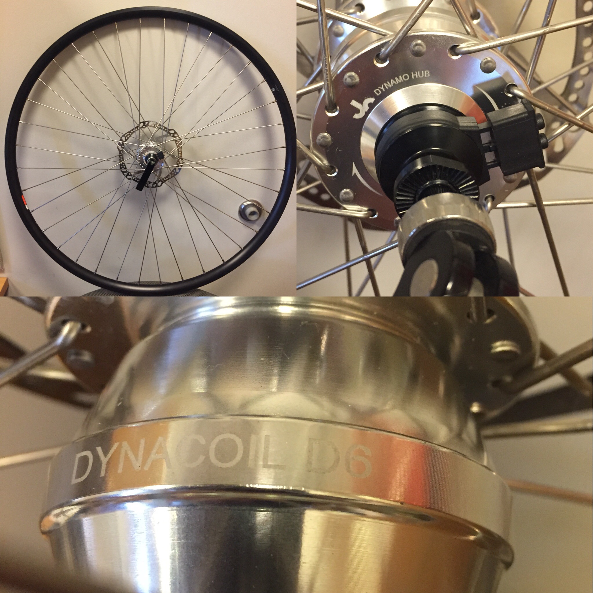upper left: bike wheel; upper right: close up on dynamo hub exterior showing the charging attachment; bottom: body of the dynamo hub.
