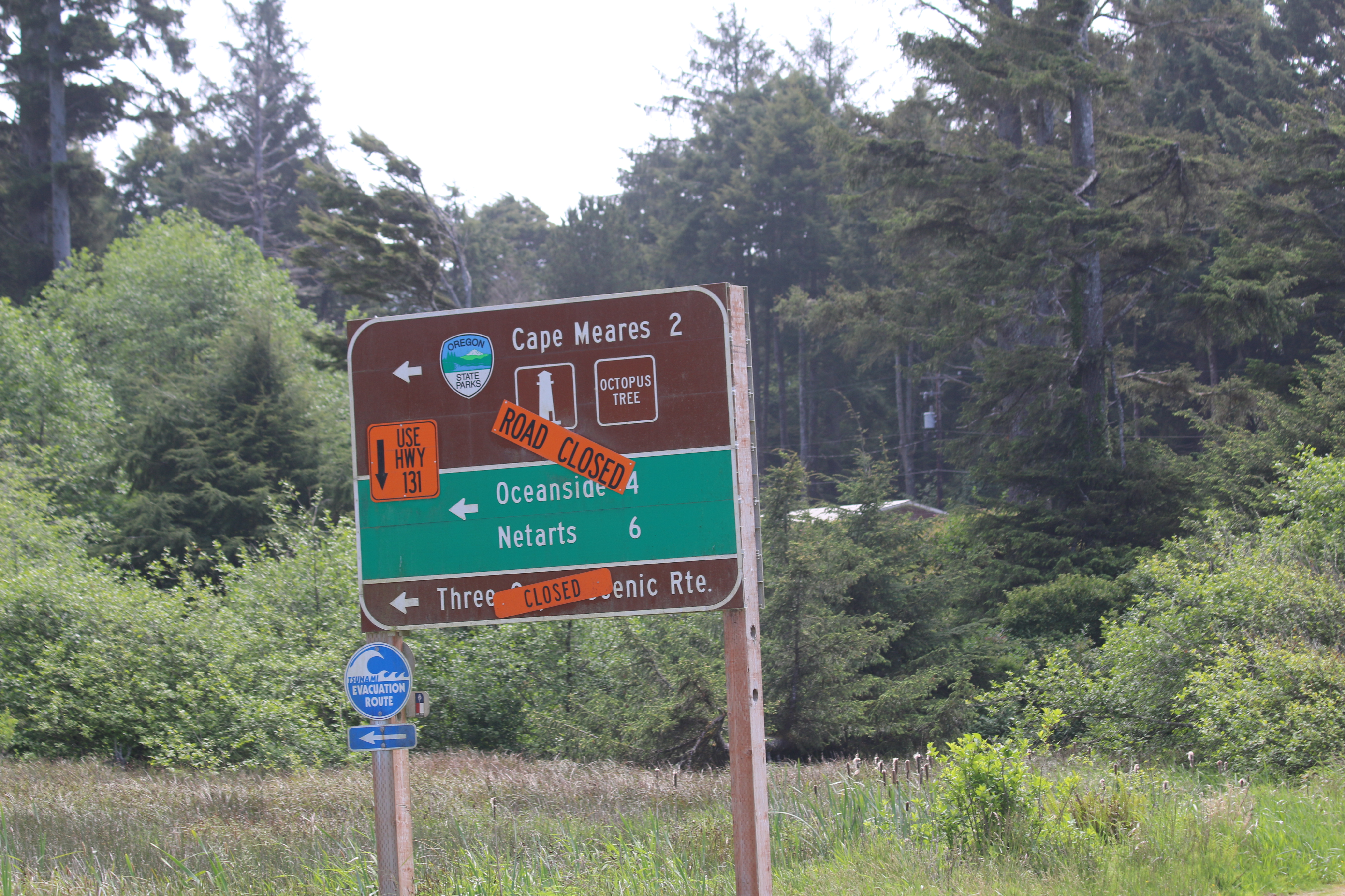 A road sign with several "Road Closed" stickers on it.